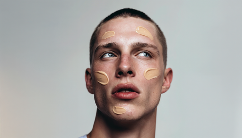 A young person with short hair looks to the side, their face dotted with several swipes of beige cream or foundation against a plain, light background.