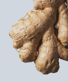 Close-up of fresh ginger root with rough, tan skin on a light blue background—perfect inspiration for our Hand & Body Wash, Ginger & Smoky Cardamom, featuring an invigorating cleanse with subtle spice and warmth.