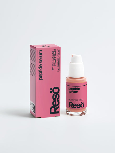 A pink box and matching bottle of RESÖ Peptide Anti-Aging Serum with hyaluronic acid and a white pump are shown against a plain light background. The packaging notes it's suitable for all skin types.