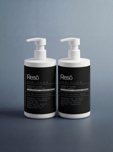 Two white pump bottles labeled HAIR WASH BUNDLE sit side by side on a gray surface. The labels mention rosemary oil, keratin, and peppermint oil among the ingredients, and note the product is suitable for all skin and hair types.
