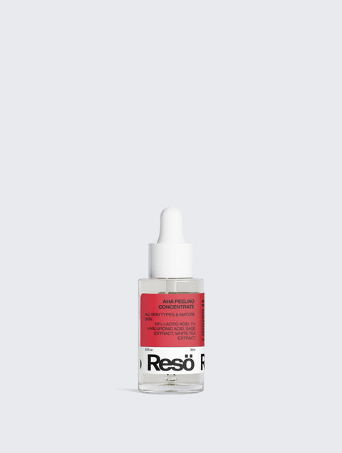 A clear glass dropper bottle labeled Reso AHA Peeling Concentrate with a white dropper cap and a pink label, standing upright on a light gray background.