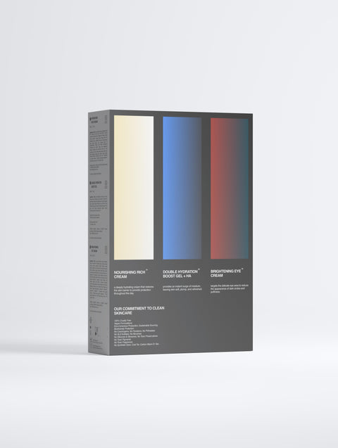 The RESÖ Barrier Boost Box displays three vertical panels in cream, blue, and red, labeled “Nourishing Rich Cream,” “Double-Hydration Boost Gel + HA,” and “Brightening Eye + C Treatment,” each with product details below.