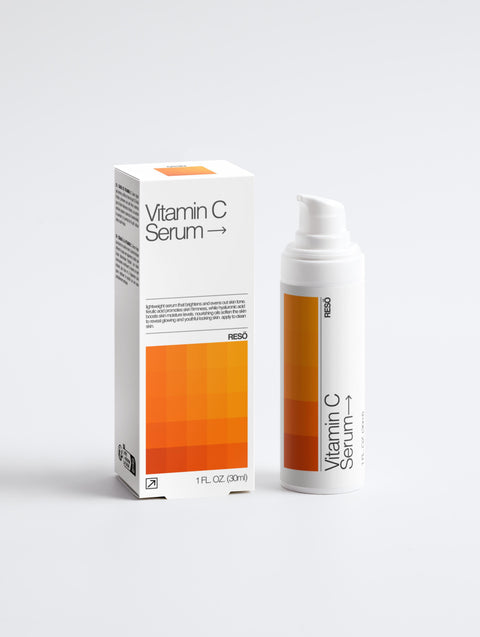 Vitamin C serum packaging with box and bottle on a white background
