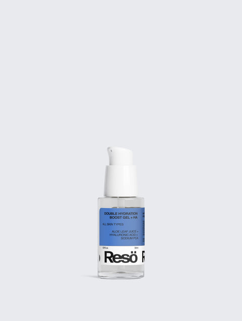 A clear bottle of Resö Double Hydration Boost Gel with a white pump, blue label, and black text, placed against a plain light gray background.